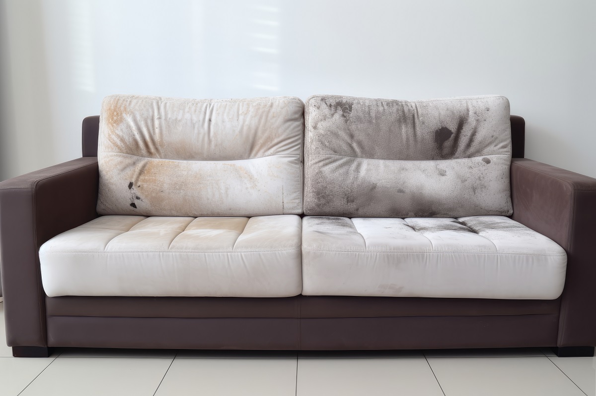 bardzo brudna beżowo-brązowa kanapa